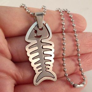 Mens Stainless Steel Fish Cut Fit Pendant Ball Chain Necklace Party Gift